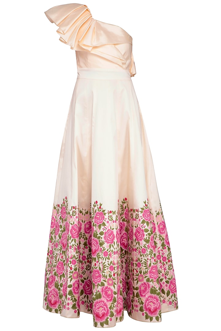 Ivory Embroidered One Shouldered Gown by Aashima Behl