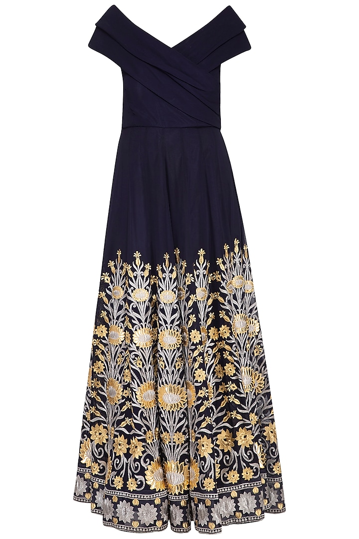 Navy Blue Embroidered Cocktail Gown by Aashima Behl