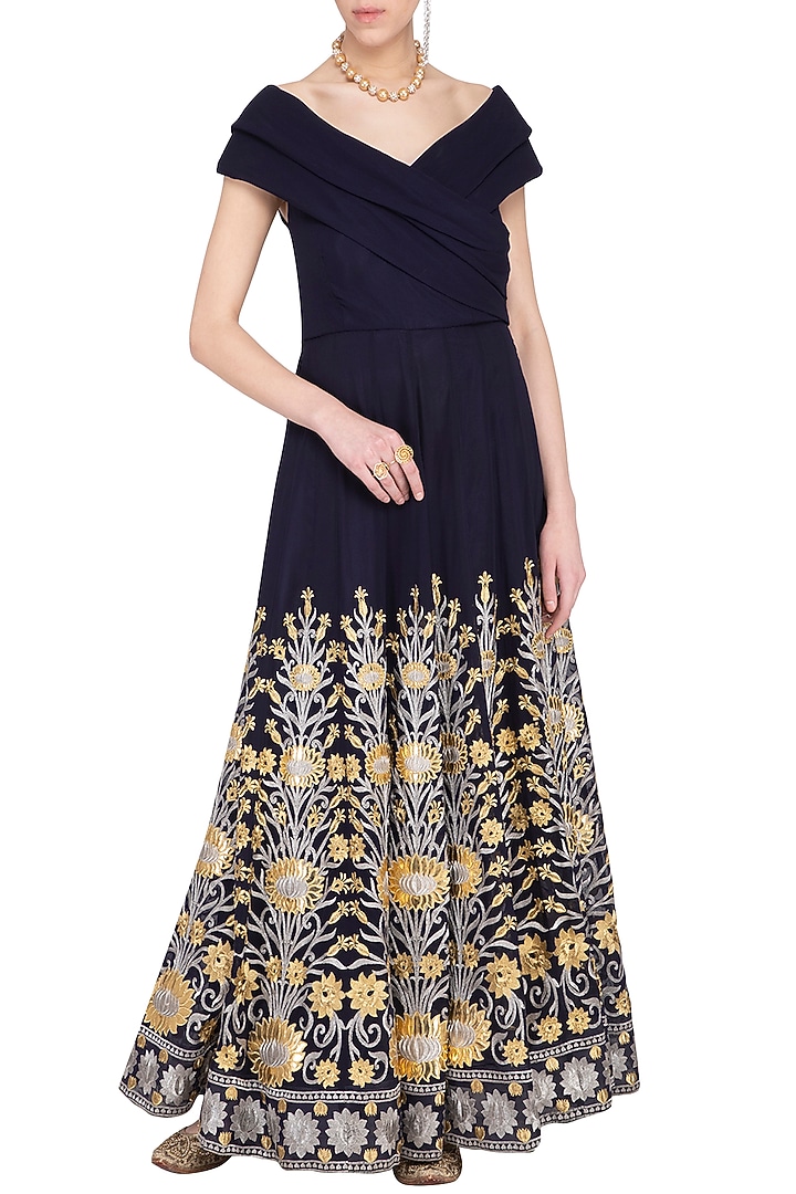 Navy Blue Embroidered Cocktail Engagement Gown by Aashima Behl at Pernia's Pop Up Shop