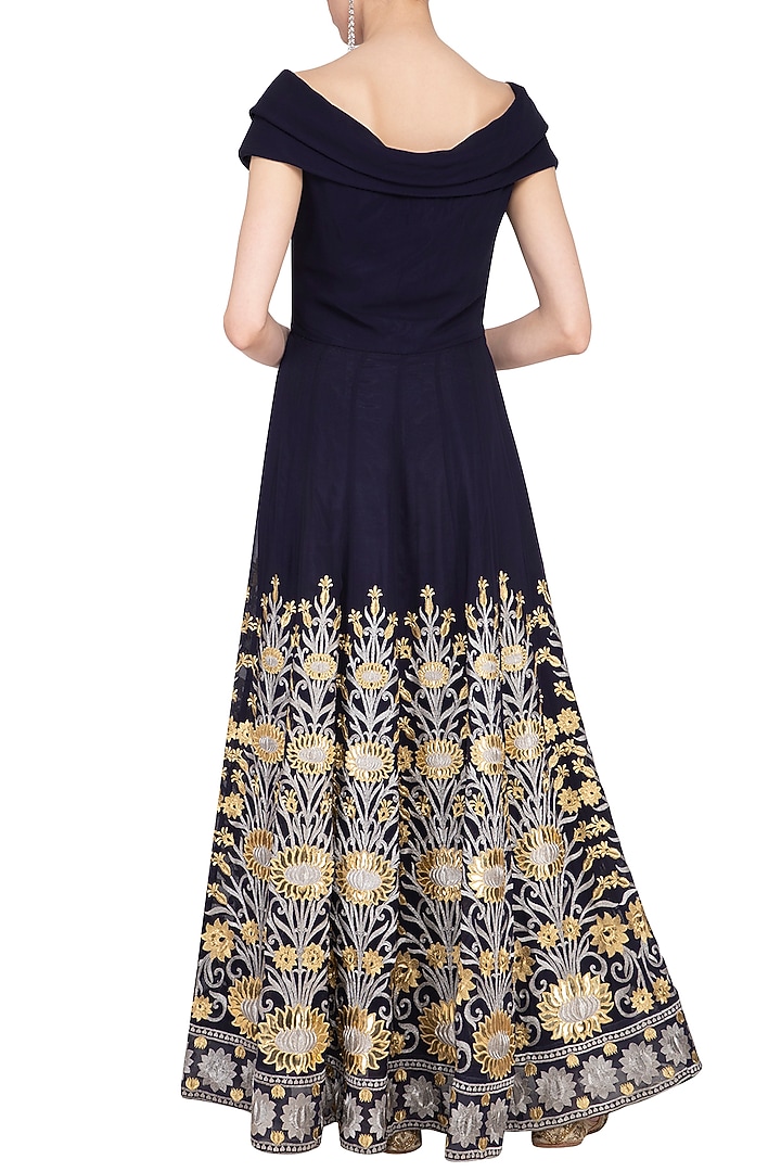 Navy Blue Embroidered Cocktail Engagement Gown by Aashima Behl at Pernia's Pop Up Shop