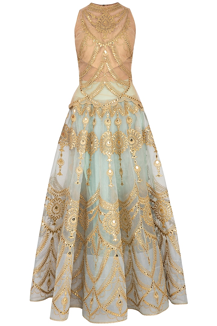 Aqua & Gold Embroidered Blouse With Lehenga Skirt by Aashima Behl