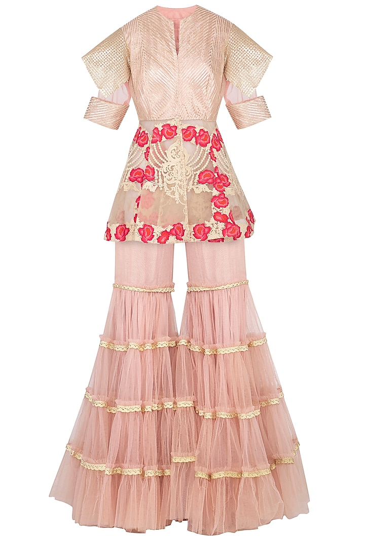 Salmon Pink Embroidered Peplum Jacket With Gharara Pants by Aashima Behl