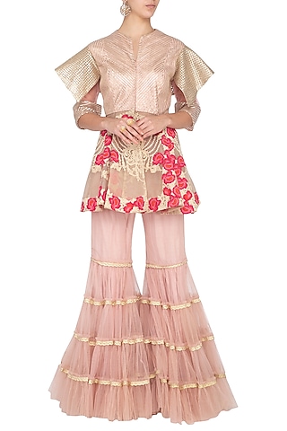 Salmon Pink Embroidered Peplum Jacket With Gharara Pants by Aashima Behl