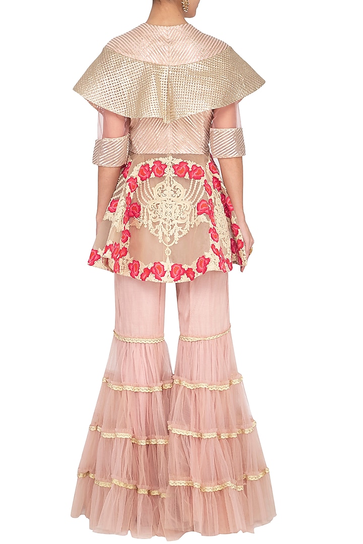 Salmon Pink Embroidered Peplum Jacket With Gharara Pants by Aashima Behl at Pernia's Pop Up Shop