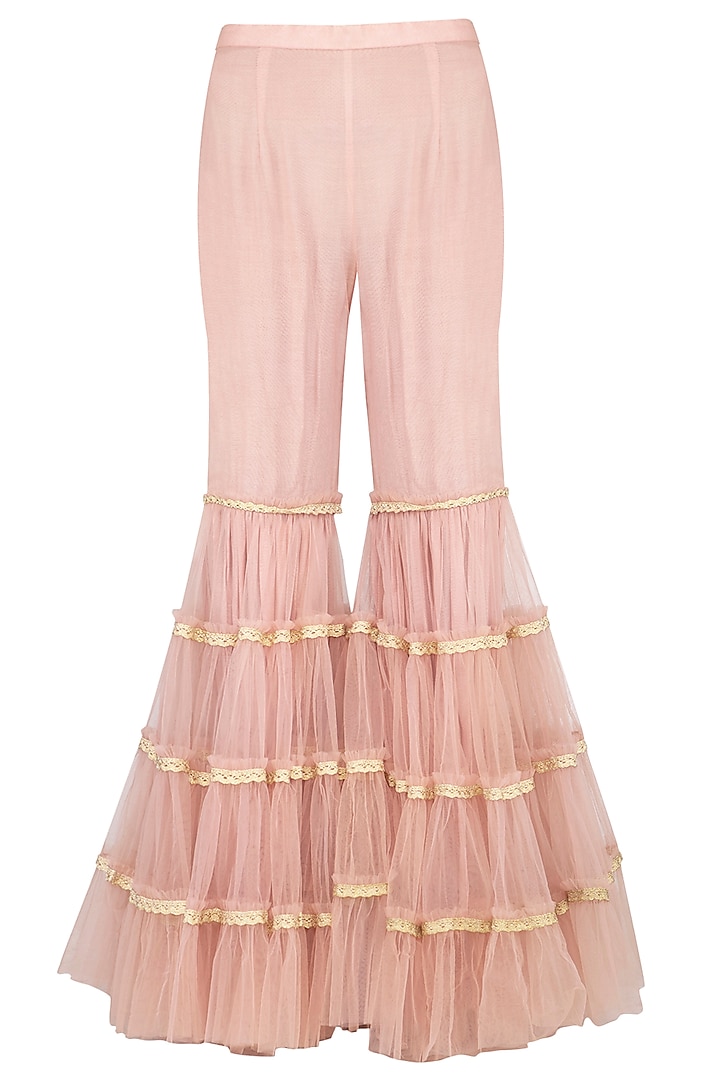 Salmon Pink Embroidered Peplum Jacket With Gharara Pants by Aashima Behl at Pernia's Pop Up Shop