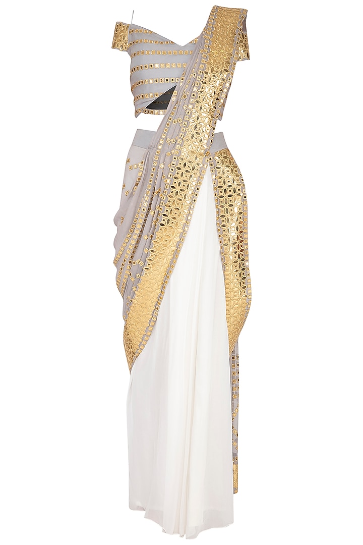 Grey & Ivory Embroidered Saree Set by Aashima Behl