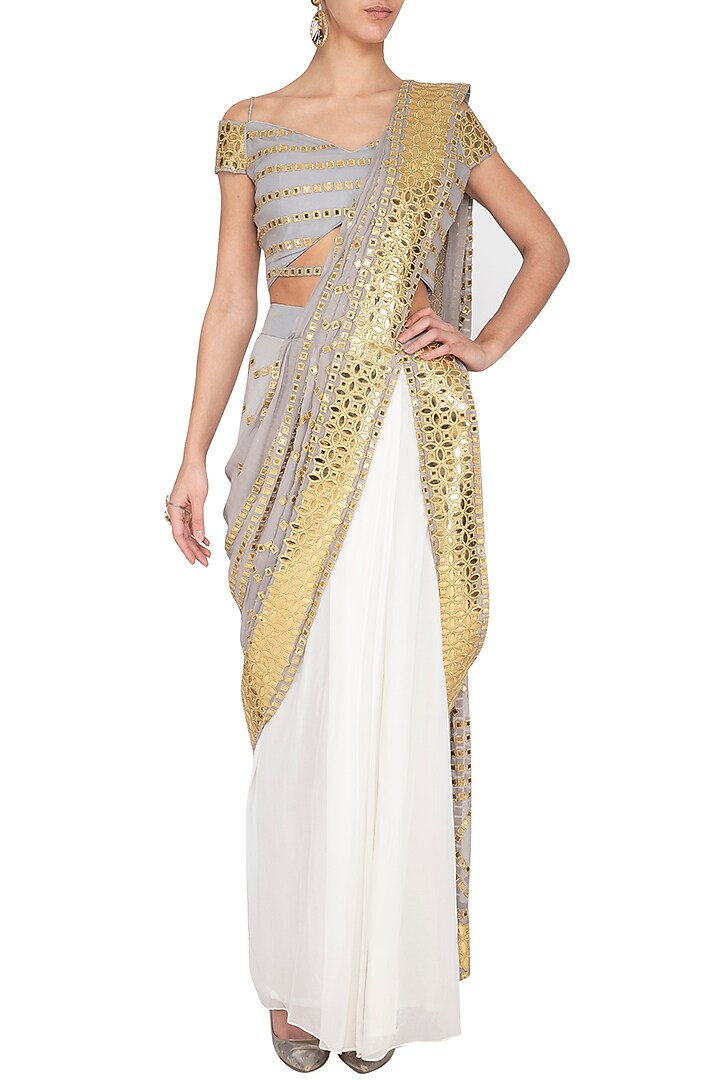 Grey & Ivory Embroidered Reception Saree Set by Aashima Behl at Pernia's Pop Up Shop