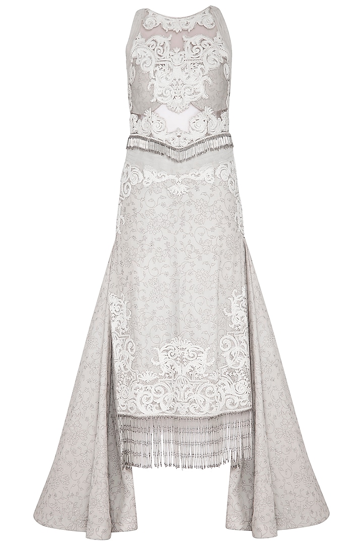 Pearl Grey Embroidered Pencil Gown by Aashima Behl