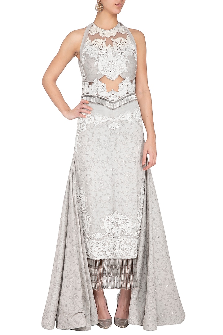 Pearl Grey Embroidered Pencil Wedding Gown by Aashima Behl at Pernia's Pop Up Shop