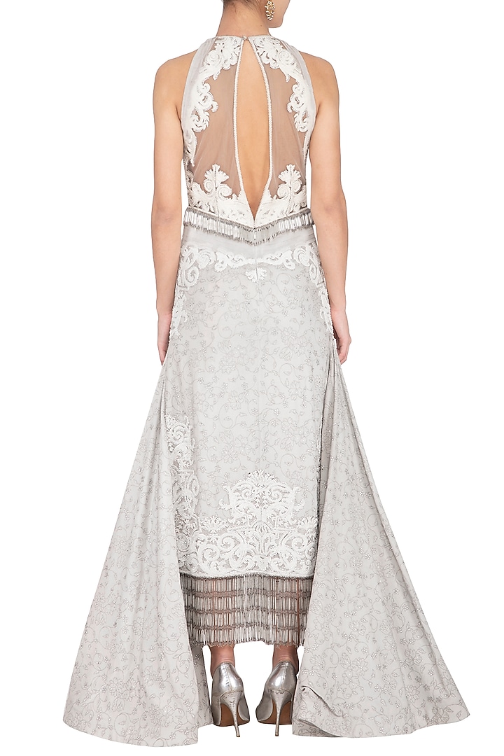Pearl Grey Embroidered Pencil Wedding Gown by Aashima Behl at Pernia's Pop Up Shop