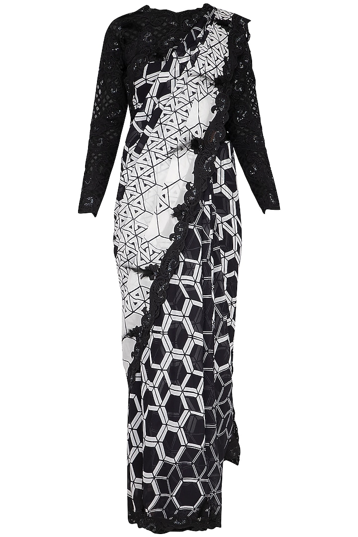 Black & White Embroidered Corset Saree Set by Aashima Behl