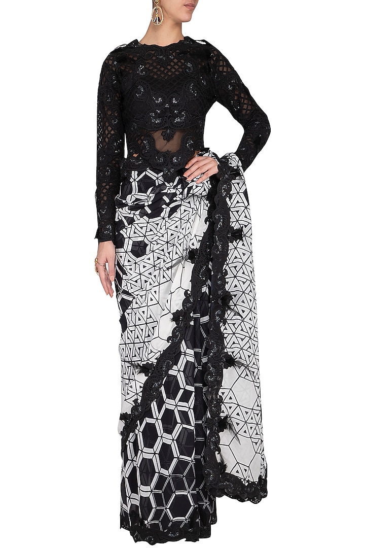 Black & White Embroidered Corset Wedding Saree Set by Aashima Behl at Pernia's Pop Up Shop