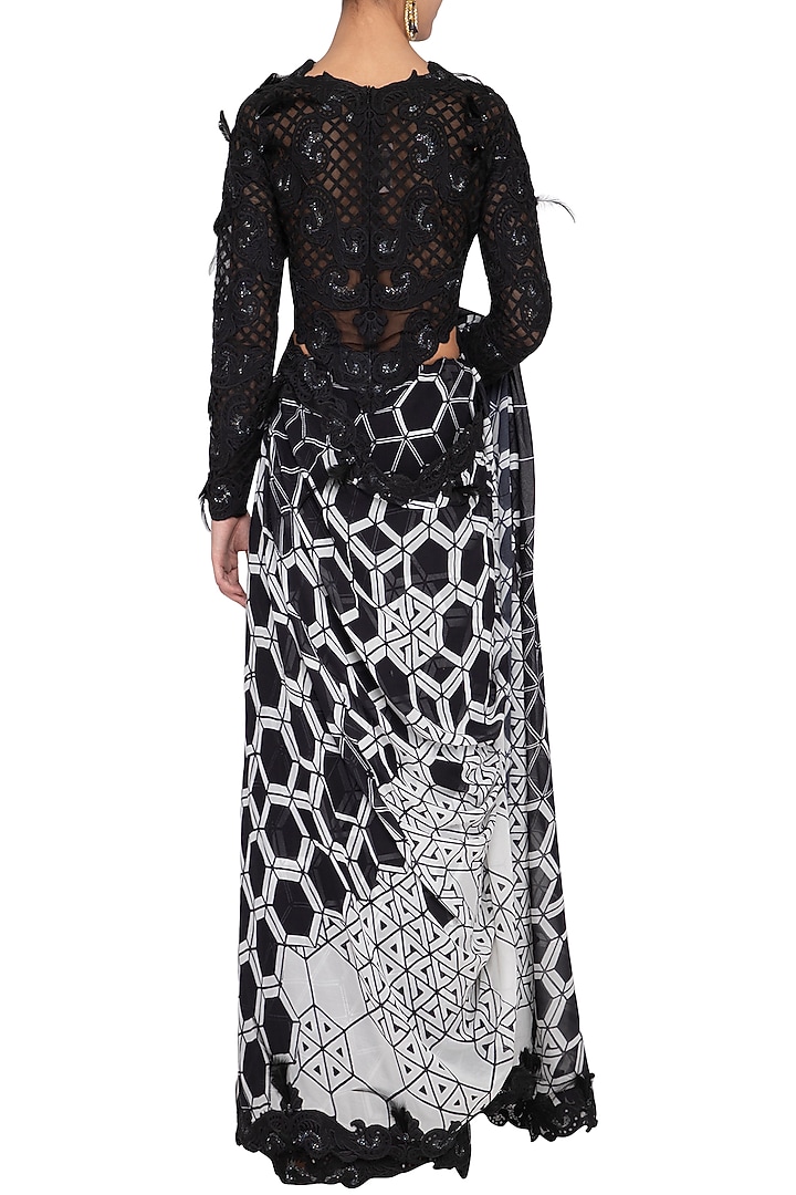 Black & White Embroidered Corset Wedding Saree Set by Aashima Behl at Pernia's Pop Up Shop