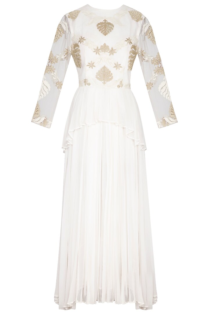 White Embroidered Peplum Gown by Aashima Behl