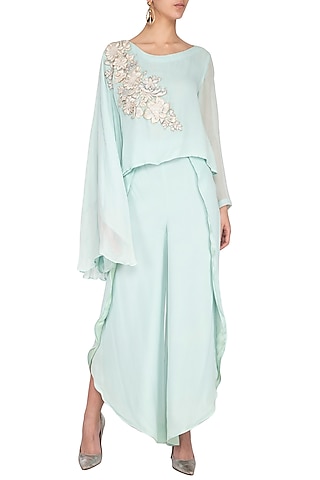 Mint Embroidered Flowy Top With Drape Pants by Aashima Behl