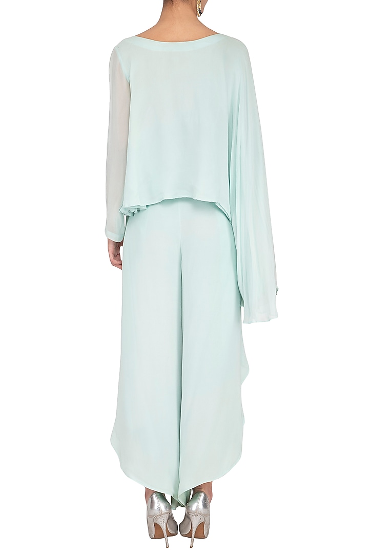 Mint Embroidered Flowy Top With Drape Pants by Aashima Behl at Pernia's Pop Up Shop