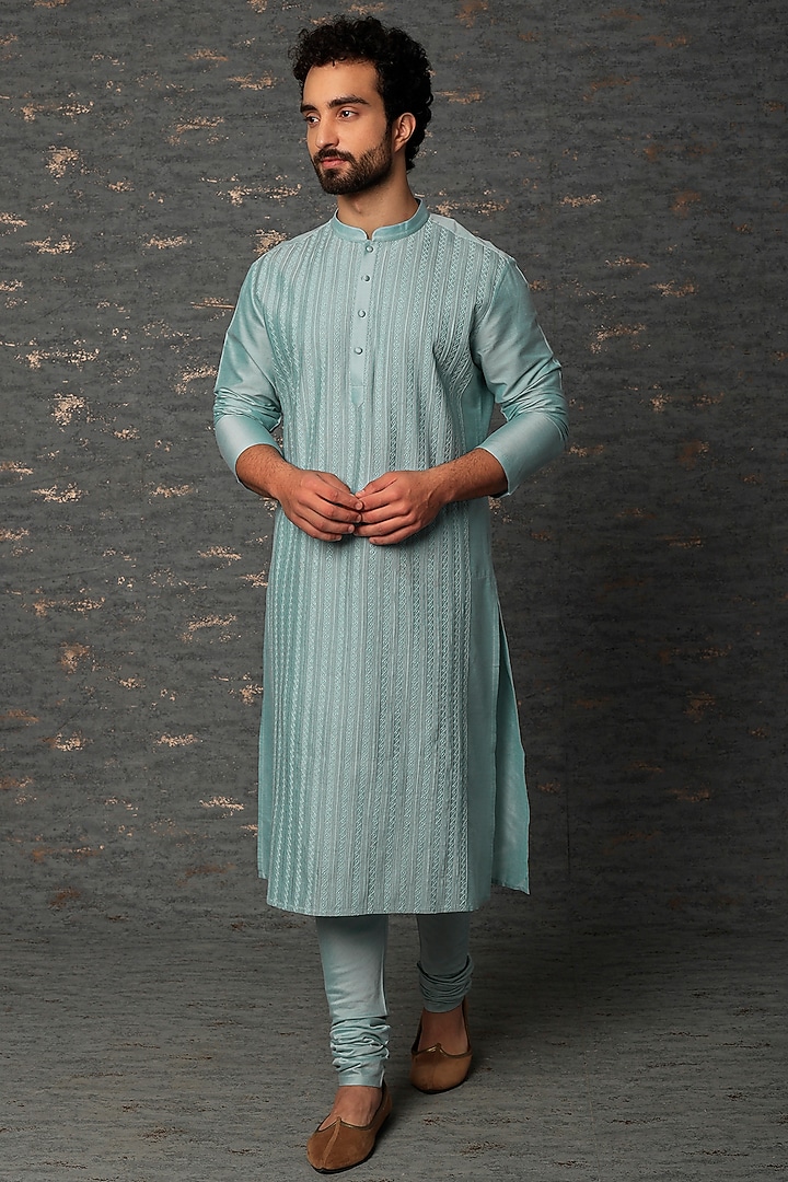 Powder Blue Embroidered Kurta Set by Abhishek Gupta Men at Pernia's Pop Up Shop