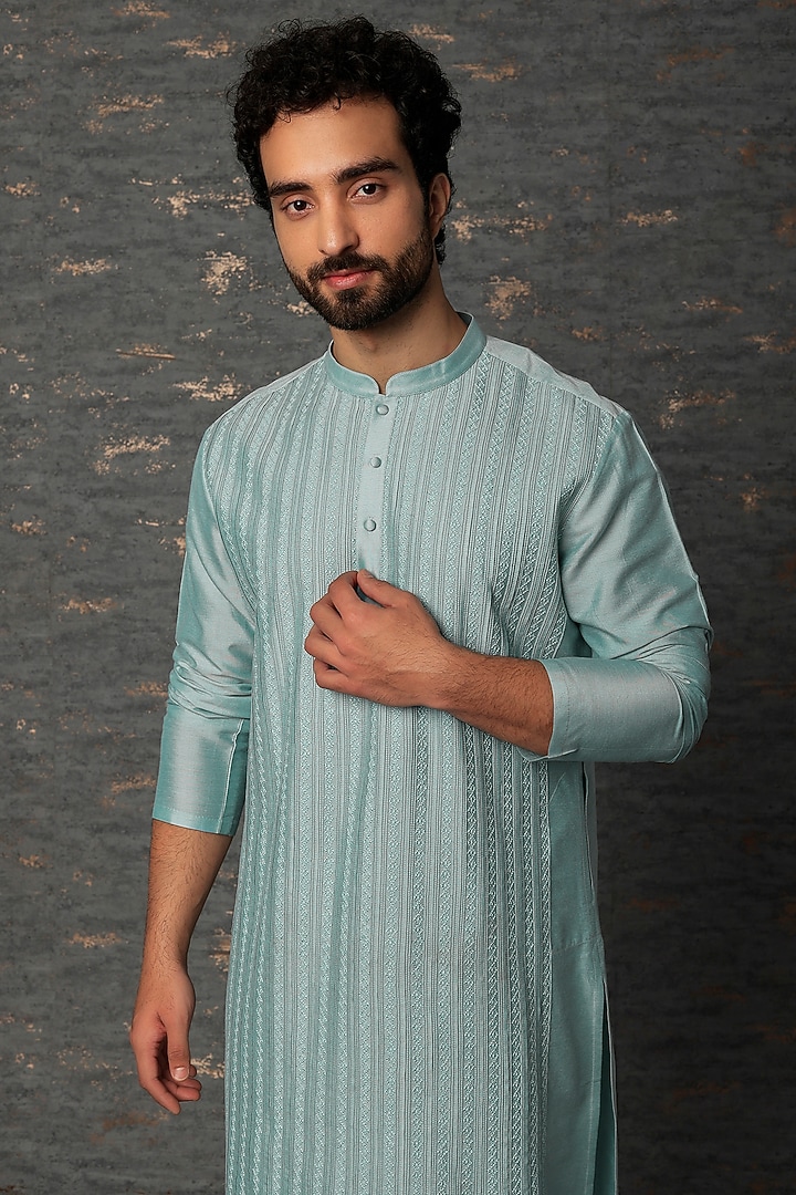 Powder Blue Embroidered Kurta Set Design by Abhish…