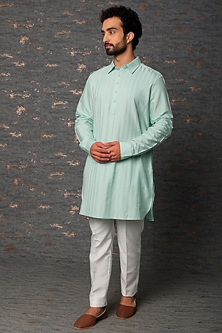 Mint Kurta With Kantha Work by Abhishek Gupta Men