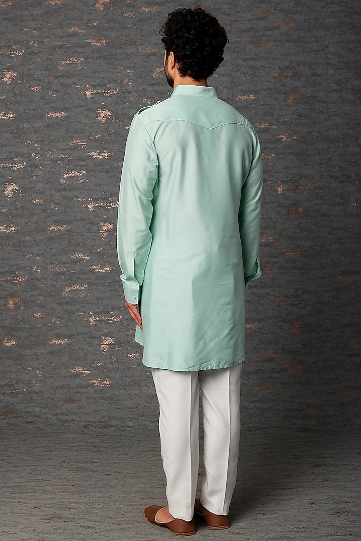 Mint Kurta With Kantha Work by Abhishek Gupta Men at Pernia's Pop Up Shop