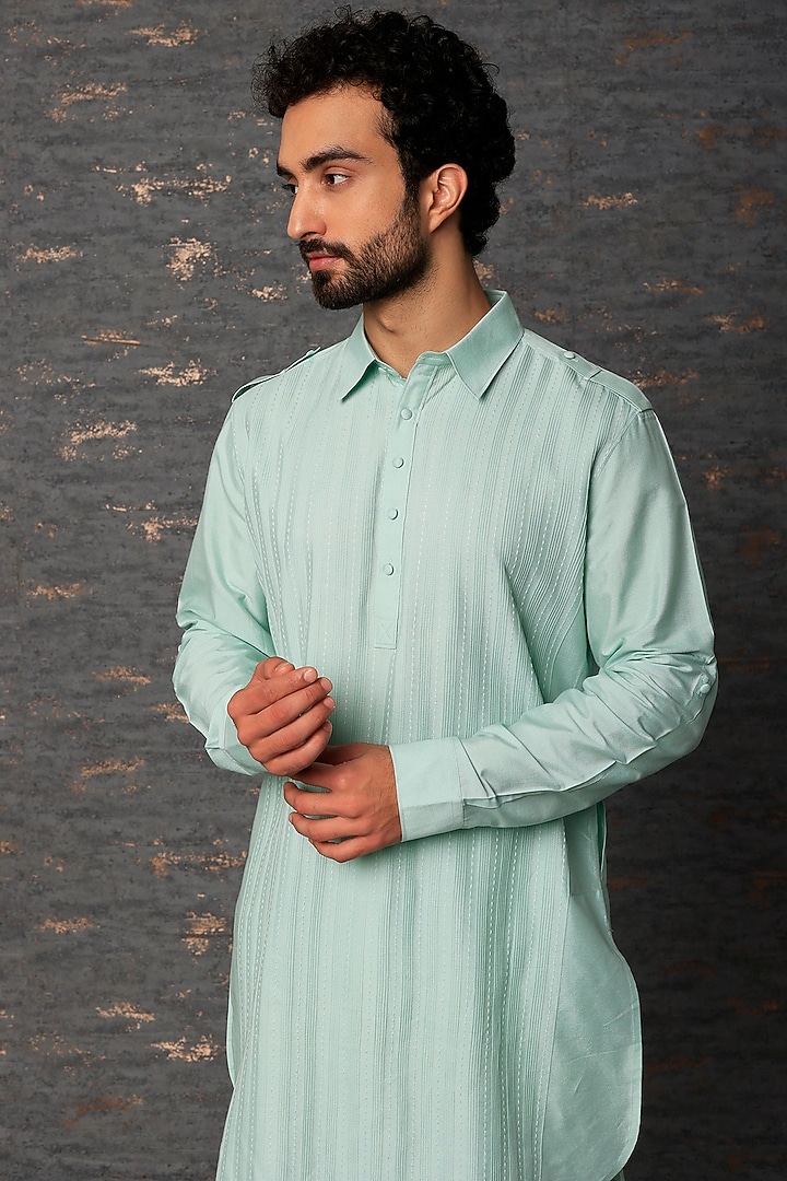 Mint Kurta With Kantha Work by Abhishek Gupta Men at Pernia's Pop Up Shop