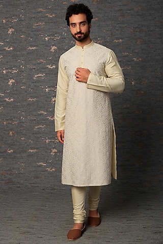 Light Beige Resham Embroidered Kurta Set by Abhishek Gupta Men