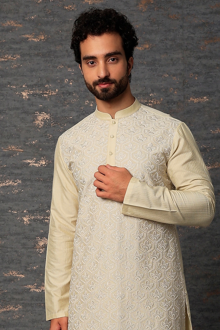 Light Beige Resham Embroidered Kurta Set by Abhishek Gupta Men at Pernia's Pop Up Shop