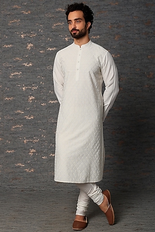 Off White Resham Embroidered Kurta Set by Abhishek Gupta Men