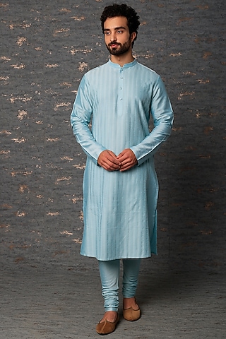 Powder Blue Kurta Set With Pintucks by Abhishek Gupta Men