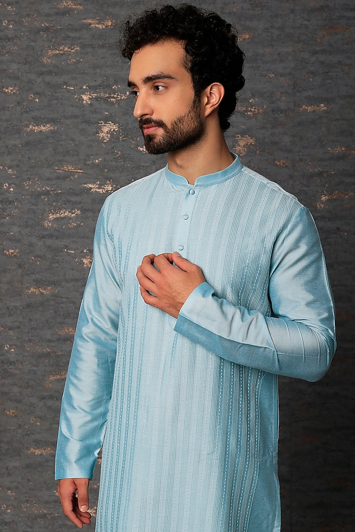 Powder Blue Kurta Set With Pintucks by Abhishek Gupta Men at Pernia's Pop Up Shop