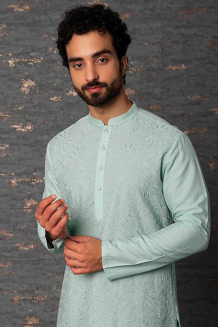 Mint Embroidered Kurta Set by Abhishek Gupta Men at Pernia's Pop Up Shop