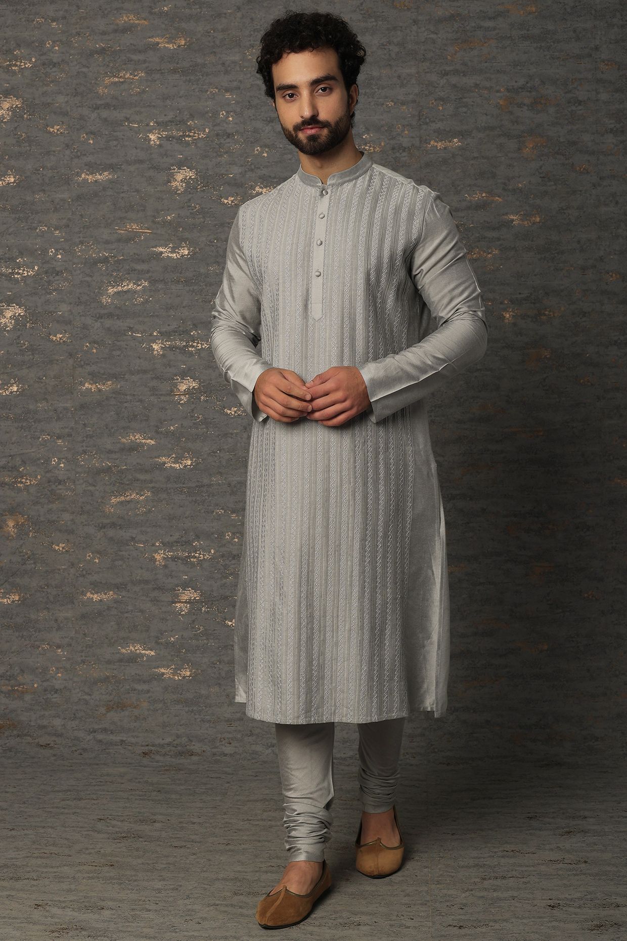 Light Grey Embroidered Kurta Set by Abhishek Gupta Men at Pernia's Pop Up Shop