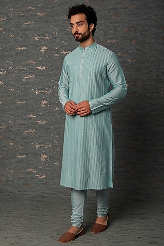 Powder Blue Embroidered Kurta Set by Abhishek Gupta Men