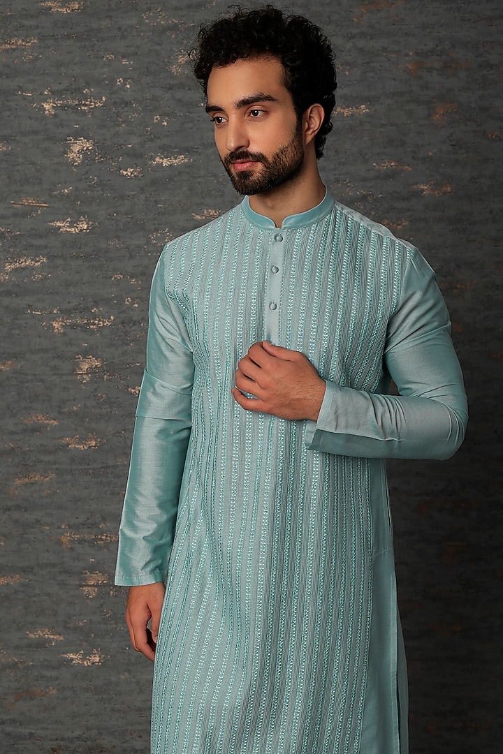 Powder Blue Embroidered Kurta Set by Abhishek Gupta Men at Pernia's Pop Up Shop