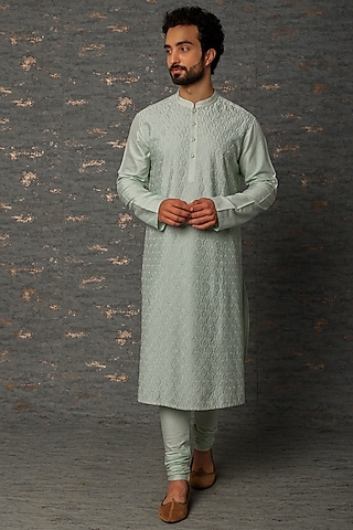 Mint Kurta Set With Embroidery by Abhishek Gupta Men