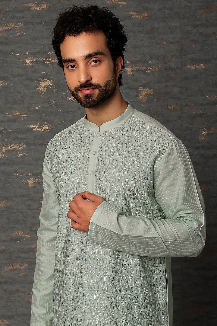 Mint Kurta Set With Embroidery by Abhishek Gupta Men at Pernia's Pop Up Shop