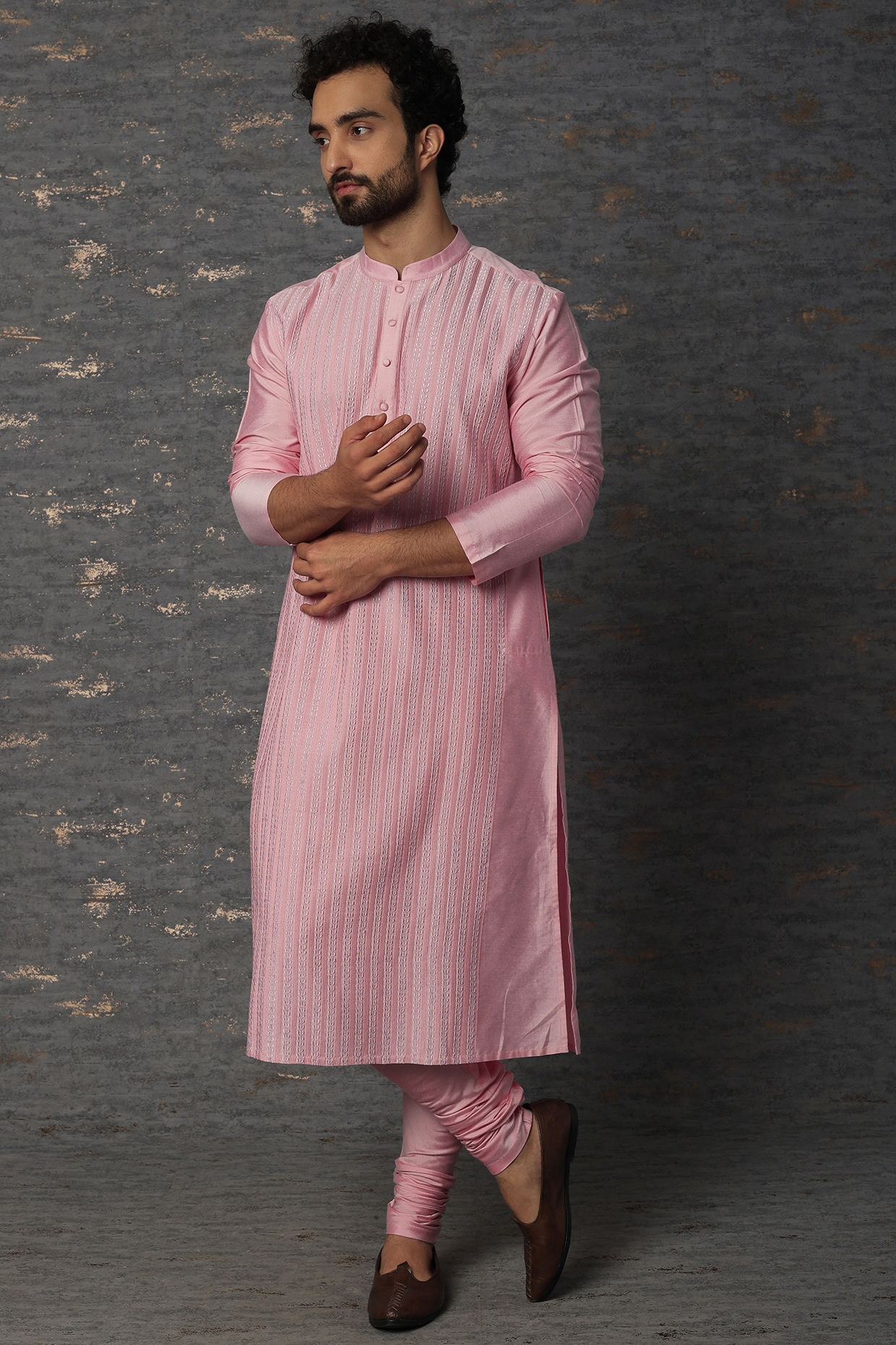 Pink Embroidered Pintucked Kurta Set by Abhishek Gupta Men