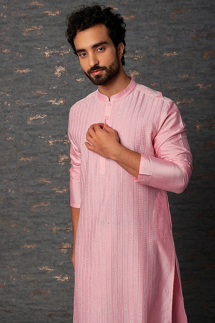 Pink Embroidered Pintucked Kurta Set by Abhishek Gupta Men at Pernia's Pop Up Shop