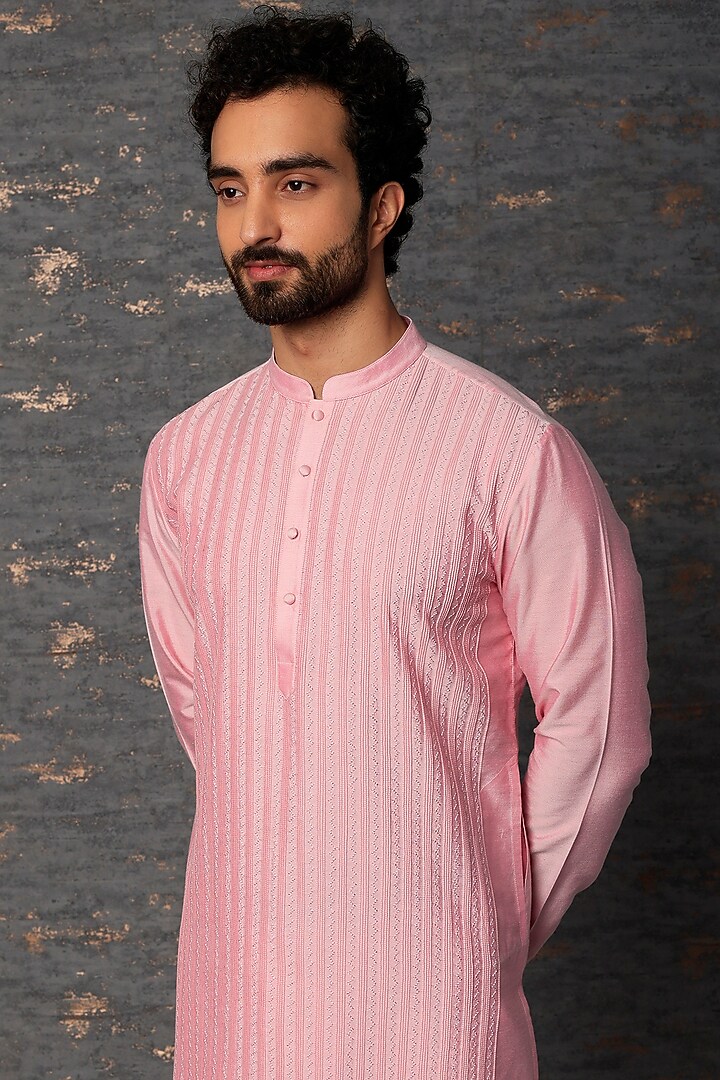 Pink Kantha Embroidered Kurta Set by Abhishek Gupta Men at Pernia's Pop Up Shop