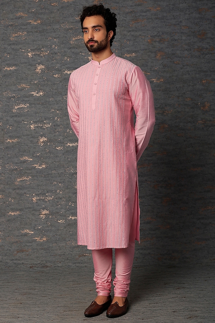 Pink Pintucked Kurta Set by Abhishek Gupta Men