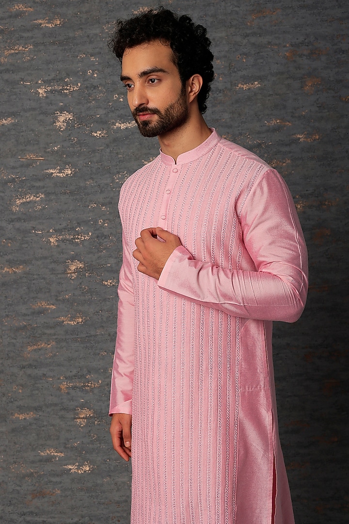 Pink Pintucked Kurta Set by Abhishek Gupta Men at Pernia's Pop Up Shop