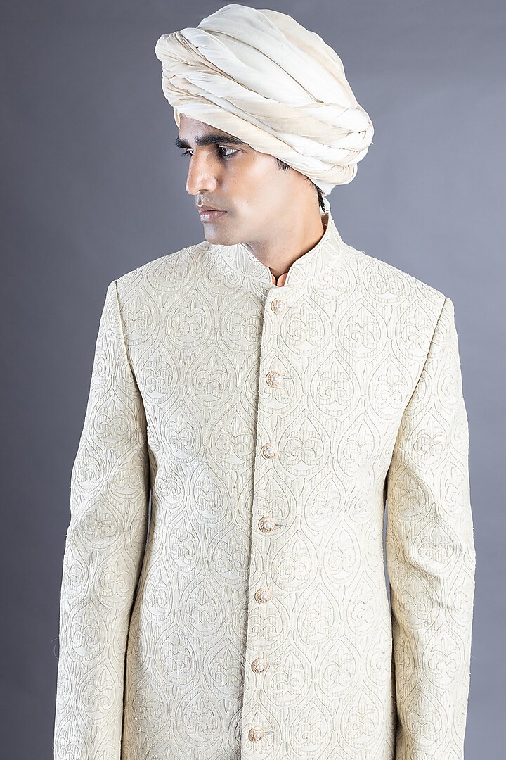 Light Beige Embroidered Groom Sherwani Set by Abhishek Gupta Men at Pernia's Pop Up Shop
