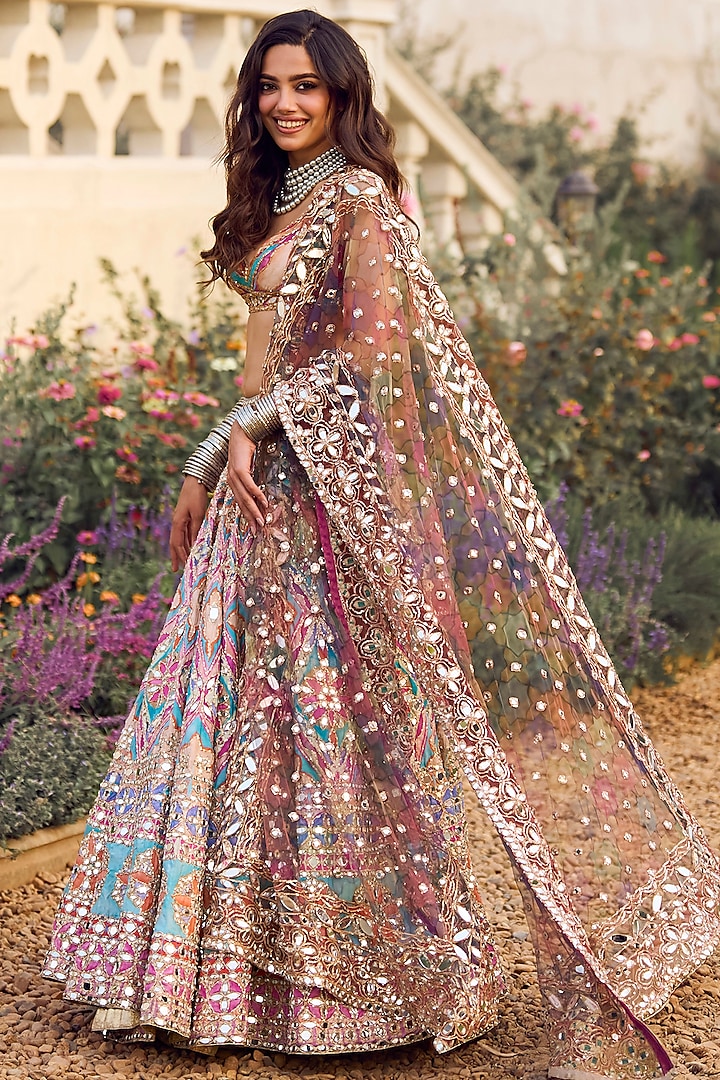 Lake Blue Chanderi Mirror & Zari Embroidered Bridal lehenga for 22 Lehenga Set by Abhinav Mishra at Pernia's Pop Up Shop