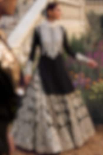 Carbon Black Georgette Zari & Mirror Hand Embroidered Bridal Lehenga Set by Abhinav Mishra at Pernia's Pop Up Shop