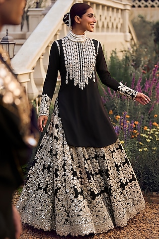Carbon Black Georgette Zari & Mirror Hand Embroidered Lehenga Set by Abhinav Mishra