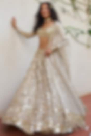 Muted Silver Net Mirror Embroidered Bridal Lehenga Set by Abhinav Mishra at Pernia's Pop Up Shop