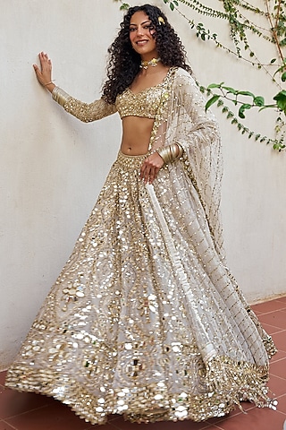 Muted Silver Net Mirror Embroidered Lehenga Set by Abhinav Mishra