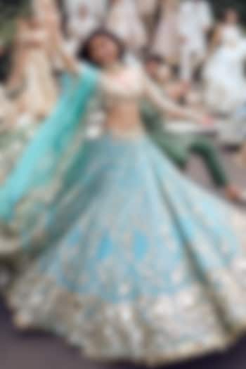 Aqua Blue Net Sequins Embroidered Bridal Lehenga Set by Abhinav Mishra at Pernia's Pop Up Shop