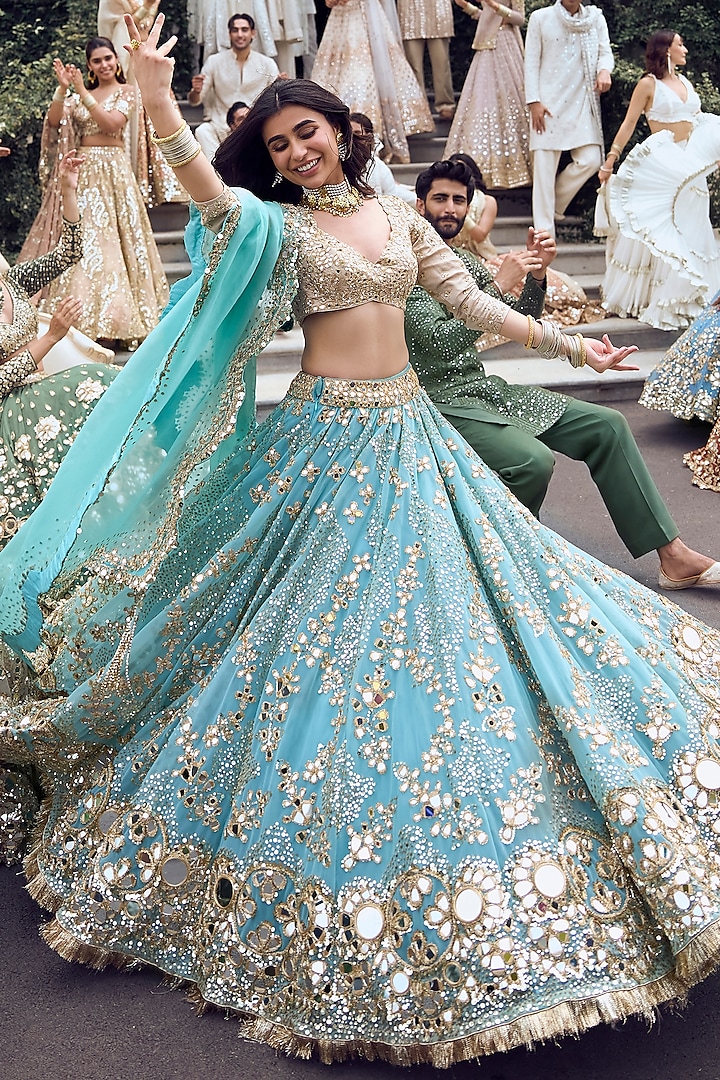 Aqua Blue Net Sequins Embroidered Bridal Lehenga Set by Abhinav Mishra at Pernia's Pop Up Shop