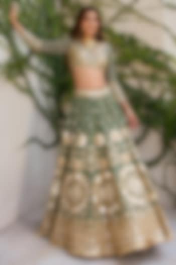 Jade Green Net Sequins Embroidered Bridal Lehenga Set by Abhinav Mishra at Pernia's Pop Up Shop